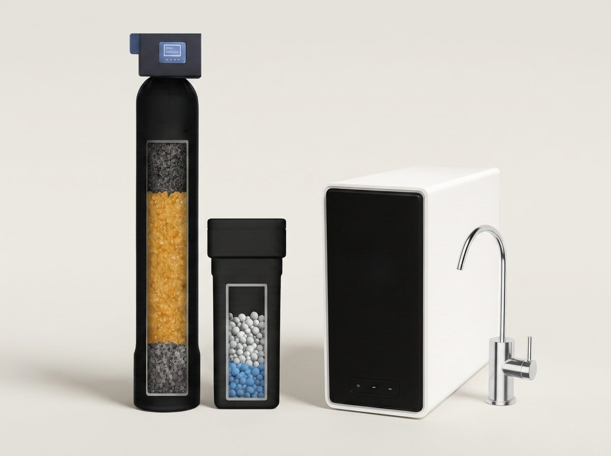 Complete Home Package: whole-home softener and filter system beside the HW800 AlkaPro tankless reverse osmosis unit
